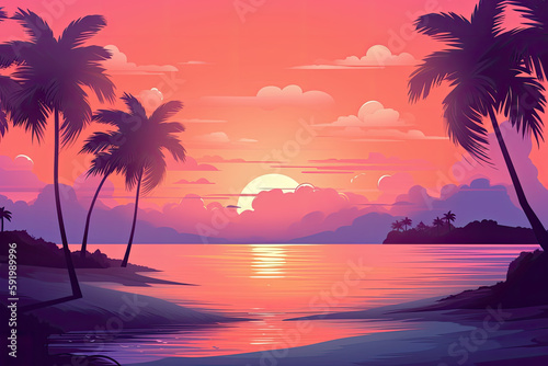 summer landscape ilustration consisting of palm tree and a tropical beach in sunset light. Ai generative