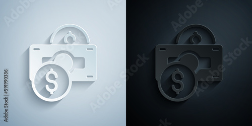 Paper cut Stacks paper money cash icon isolated on grey and black background. Money banknotes stacks. Bill currency. Paper art style. Vector