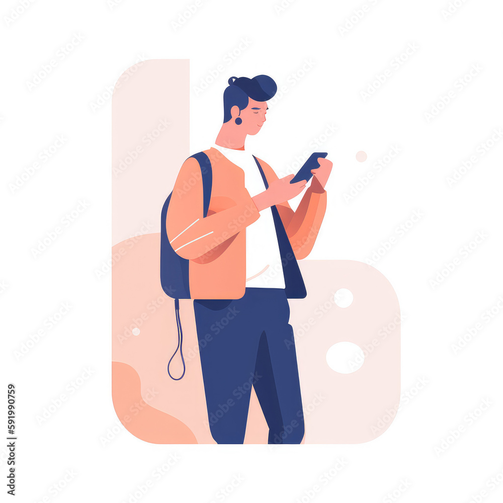 Man standing looking at his cell phone. Created with generative Ai technology. Man standing looking at his cell phone. Created with generative Ai technology.