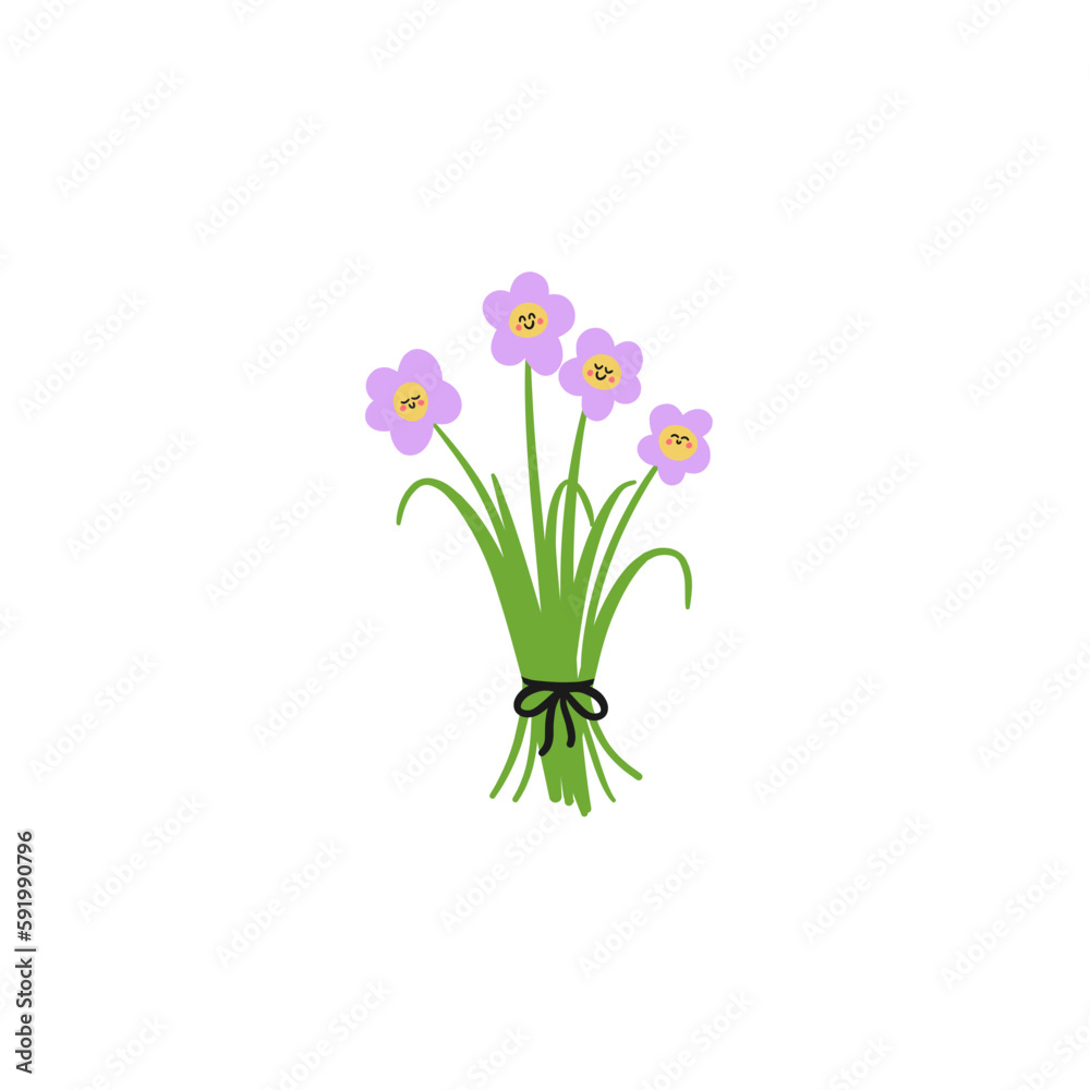 purple bouquet of flowers. hand drawn illustrated smiling happy cute flower bunch with bow