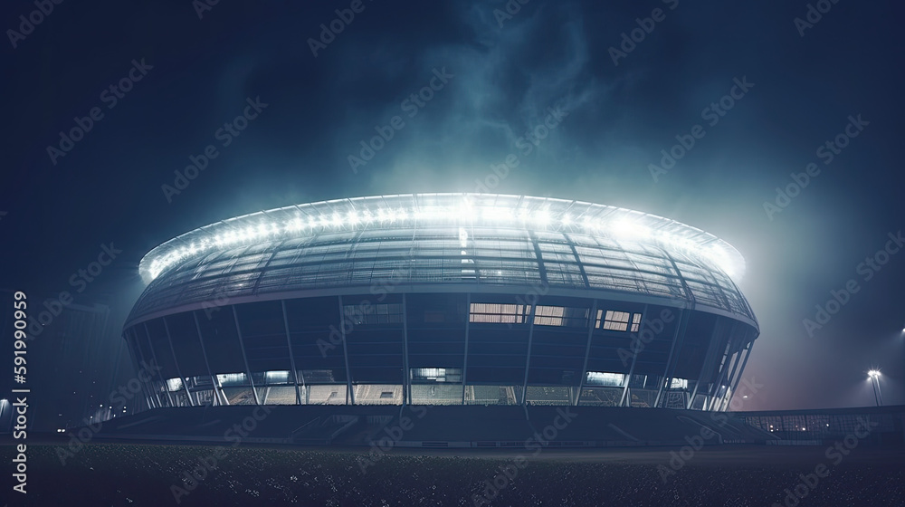 Obraz premium Exterior view of a stadium at night with the lights on. Generative AI