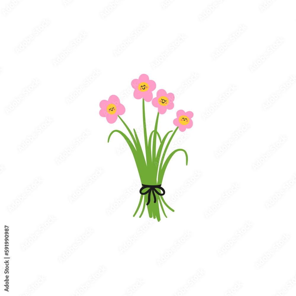 illustration of a bunch of flowers. happy bouquet of smiling flower cute cartoon characters 