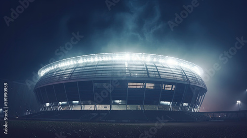 Exterior view of a stadium at night with the lights on. Generative AI