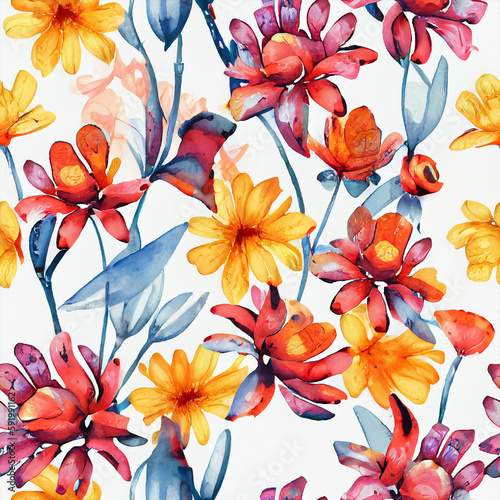 "Vibrant Blooms and Watercolor Flora: A Seamless Pattern of Bright and Colorful Flowers, Plants, and Botanicals, Perfect for Creating Beautiful Floral Wallpaper and Textile Designs