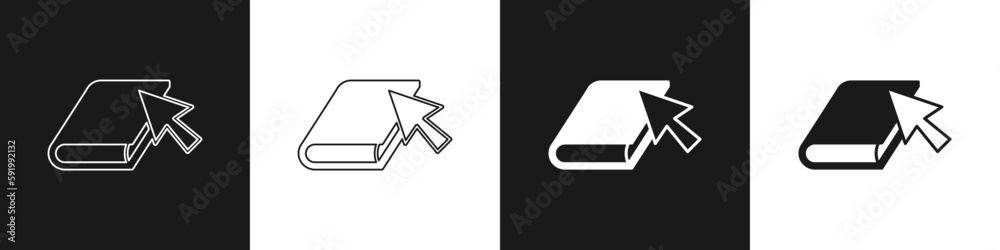 Set Online book icon isolated on black and white background. Internet education concept, e-learning resources, distant online courses. Vector