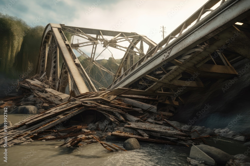 An image of a collapsed bridge and twisted metal girder Generative AI 2 An image of a collapsed bridge and twisted metal girder Generative AI 2