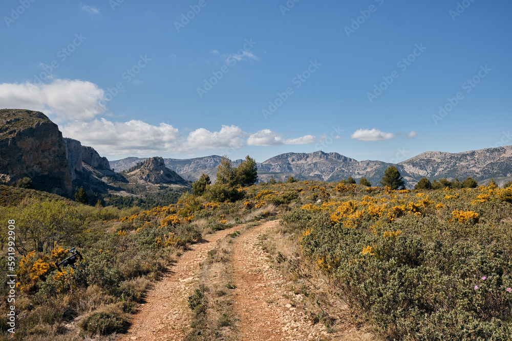 View of the Spanish mountains on the Costa Blanca coast near the town of El Castell de Guadalest.Good gravel road for cycling.