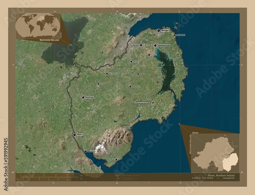 Down, Northern Ireland. Low-res satellite. Labelled points of cities photo