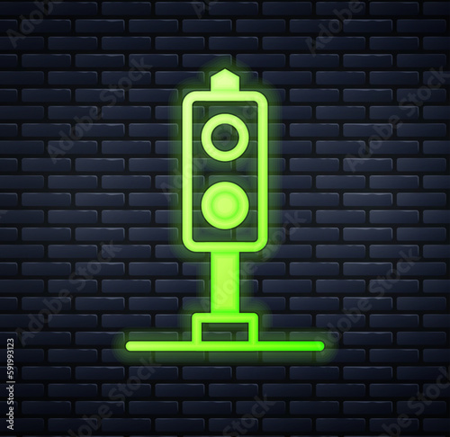 Glowing neon Train traffic light icon isolated on brick wall background. Traffic lights for the railway to regulate the movement of trains. Vector