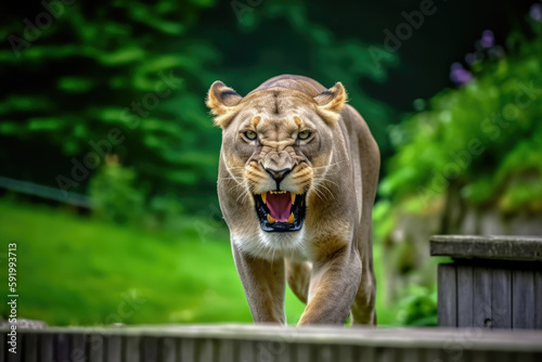 angry lioness with ears back and showing teeth looking at camera.
