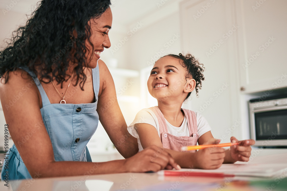 Home school, education and mother and child happy in a kitchen for homework, writing and studying in their home. Remote, learning and girl with mom smile, bond and excited for educational activity Home school, education and mother and child happy in a kitchen for homework, writing and studying in their home. Remote, learning and girl with mom smile, bond and excited for educational activity