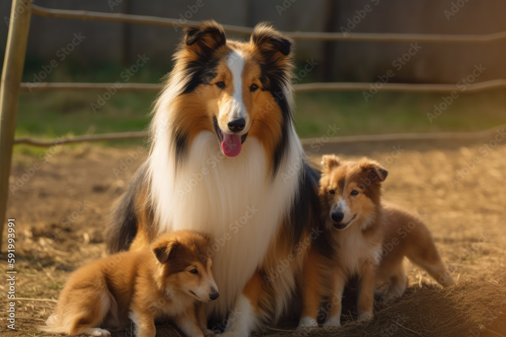 mother dog of the breed Rough collie with her puppies looking at the camera.