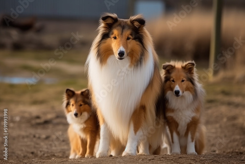 mother dog of the breed Rough collie with her puppies looking at the camera. © Giovanna