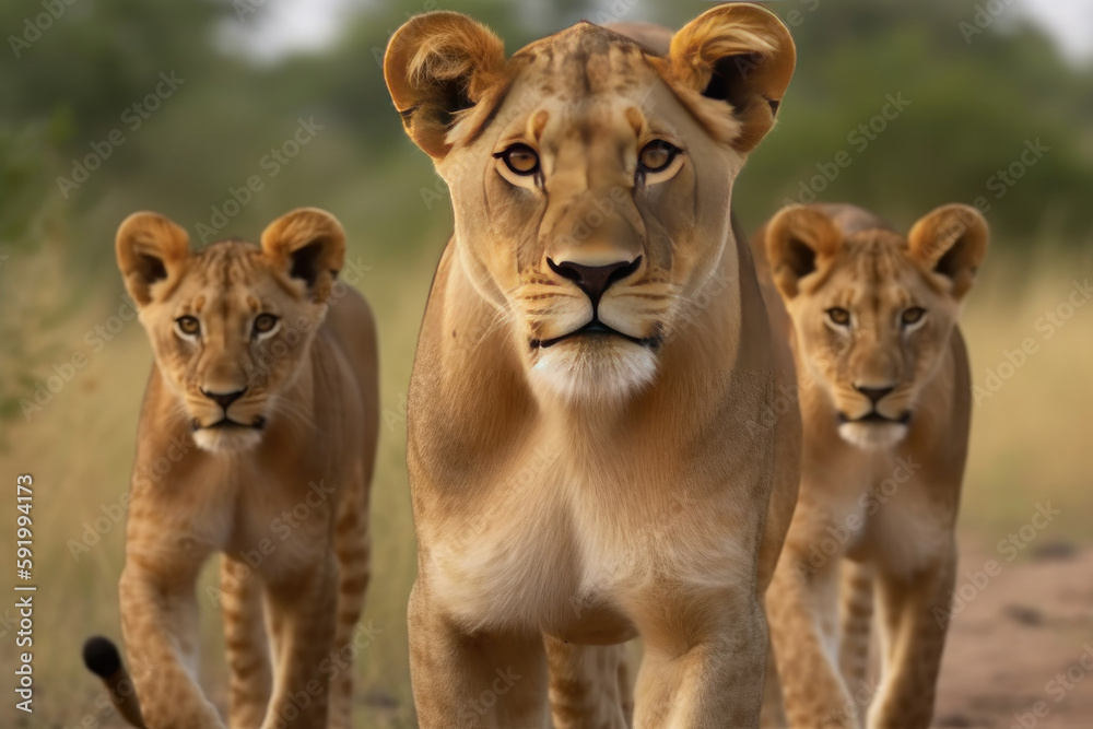 Obraz premium lioness with cubs standing looking at the camera.
