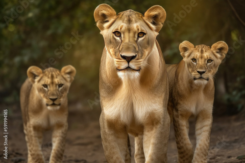 lioness with cubs standing looking at the camera. © Giovanna