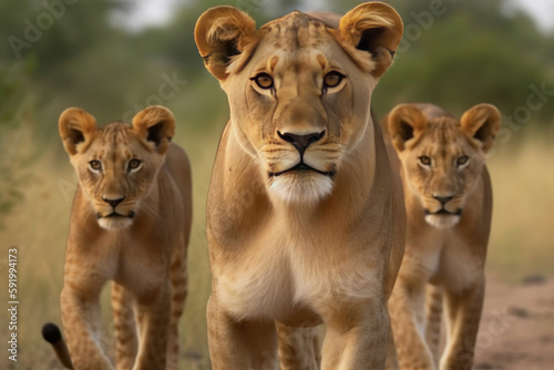 lioness with cubs standing looking at the camera.