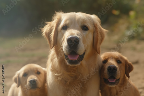 mother female golden retriever dog with her puppies looking at the camera.