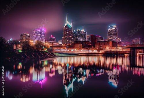 Panoramic view of Broadway district of Nashville over Cumberland River at illuminated night skyline, Tennessee, USA. Education concept. Academic research, top ranking universities,. Generative AI