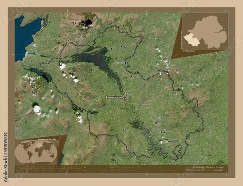 Fermanagh, Northern Ireland. Low-res satellite. Labelled points of cities photo