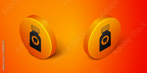 Isometric Toothache painkiller tablet icon isolated on orange background. Tooth care medicine. Capsule pill and drug. Pharmacy design. Orange circle button. Vector