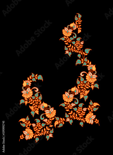 Stylized ornamental flowers in retro, vintage style. Jacobin embroidery. Colored vector illustration In In soft orange and green colors. Isolated on white background.