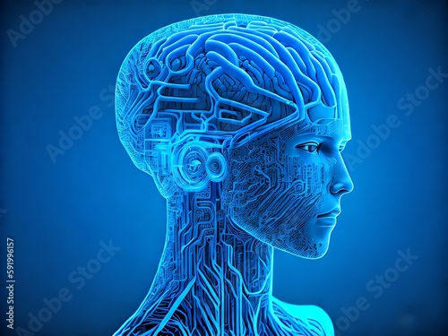 Artificial intelligence. Human head outline with circuit board inside. Technology and engineering concept. Technology web background. Created with generative AI tools