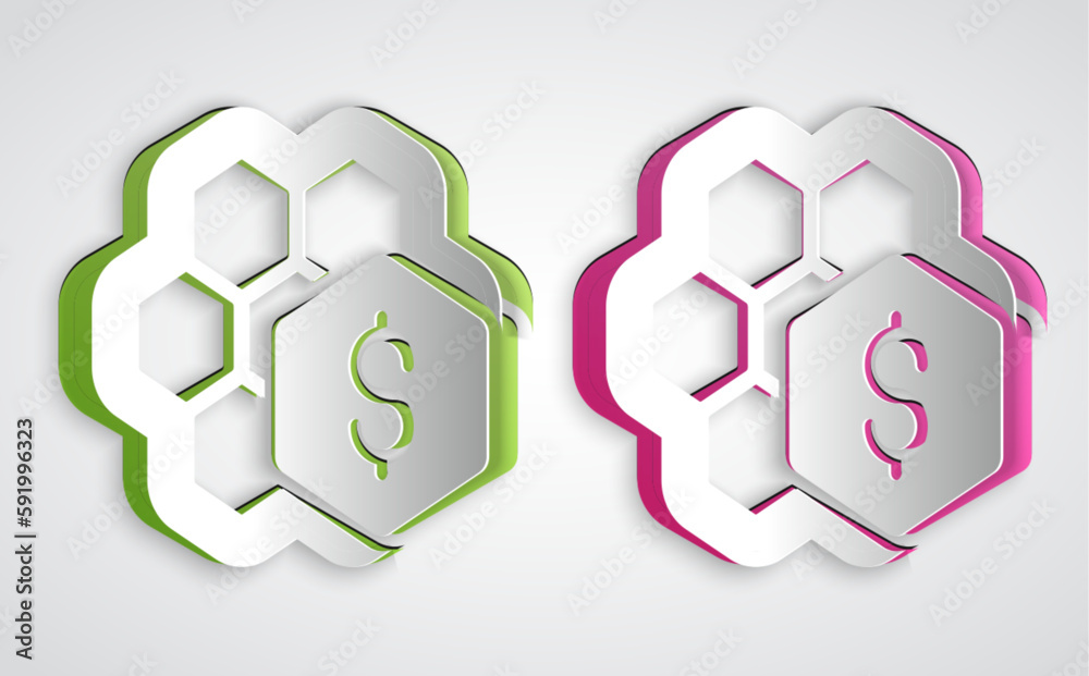 Obraz premium Paper cut Sale of honeycomb icon isolated on grey background. Honey cells symbol. Sweet natural food. Paper art style. Vector