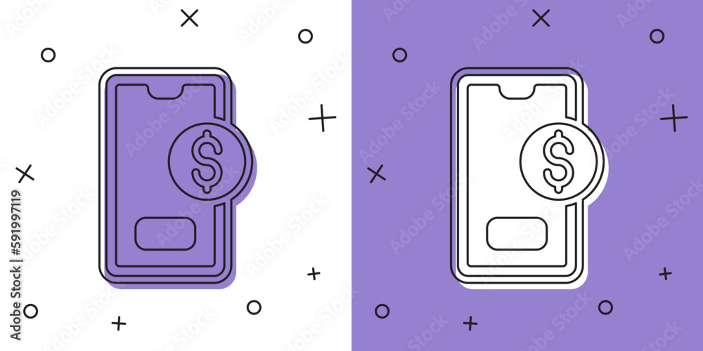 Set Smartphone with dollar symbol icon isolated on white and purple background. Online shopping concept. Financial mobile phone icon. Online payment. Vector Set Smartphone with dollar symbol icon isolated on white and purple background. Online shopping concept. Financial mobile phone icon. Online payment. Vector