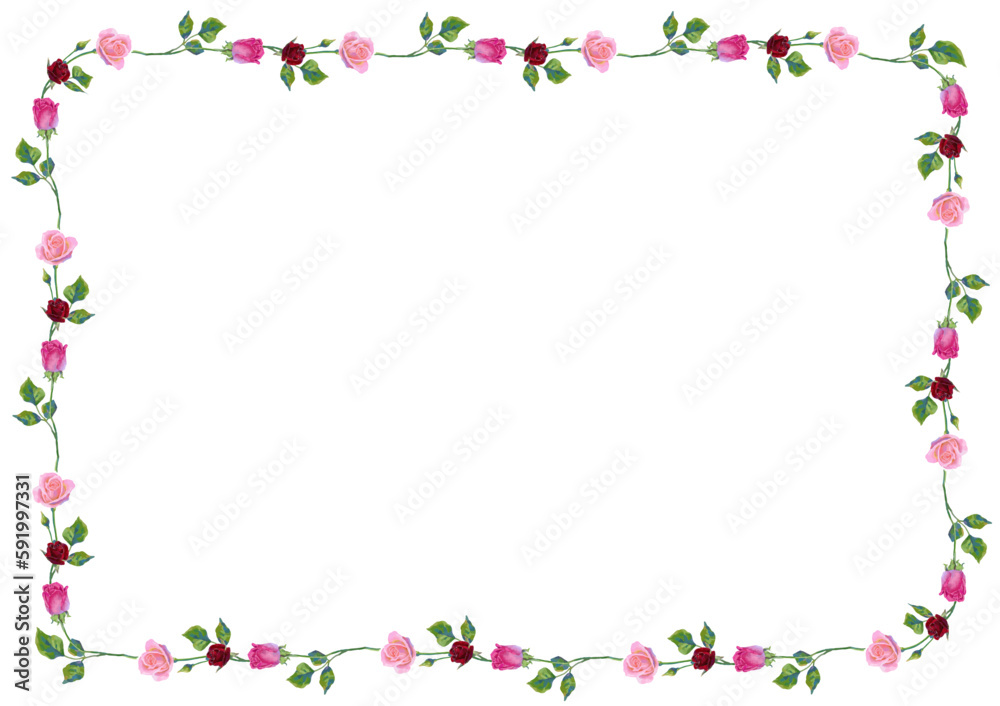 Vector background with pink rose flowers and green leaves. Horizontal poster