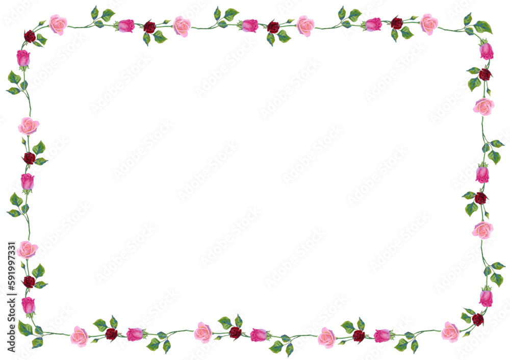Vector background with pink rose flowers and green leaves. Horizontal poster Vector background with pink rose flowers and green leaves. Horizontal poster
