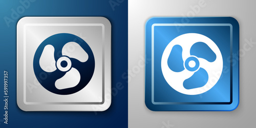 White Outboard boat motor icon isolated on blue and grey background. Boat engine. Silver and blue square button. Vector