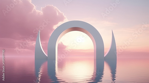 Surreal 3D oval portal reflected in water in a futuristic twilight pink fantasy landscape. Generative AI