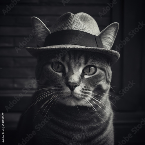 black and white cat portrait with hat - by generative ai