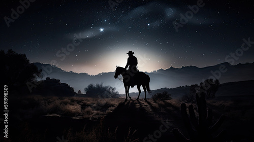 horse and rider cowboy at sunset - by generative ai