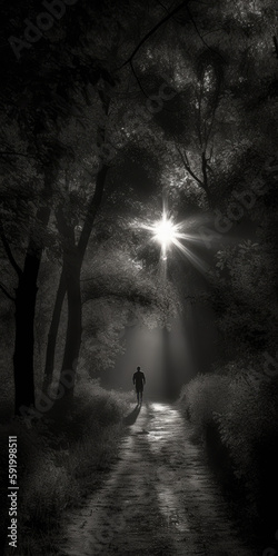 silhouette of a person in a forest film noir - by generative ai