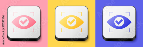 Isometric Eye scan icon isolated on pink, yellow and blue background. Scanning eye. Security check symbol. Cyber eye sign. Square button. Vector