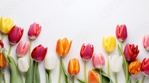 Colorful tulips on white background. Generative Ai