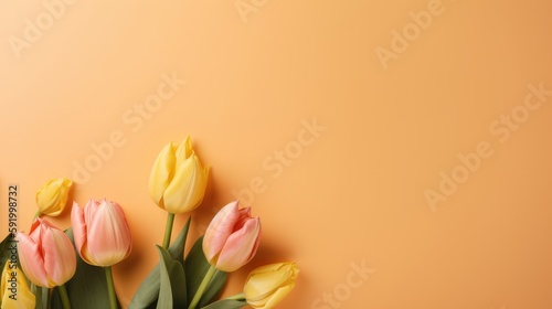 Colorful tulips on orange background. Generative Ai