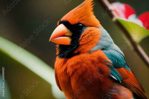 Red crested cardinal in the treetops in a tropical rainforest, Amazon of Brazil. Wildlife concept of ecological environment. Generative AI