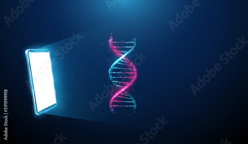 Abstract blue mobile phone, white screen, hologram light bulb