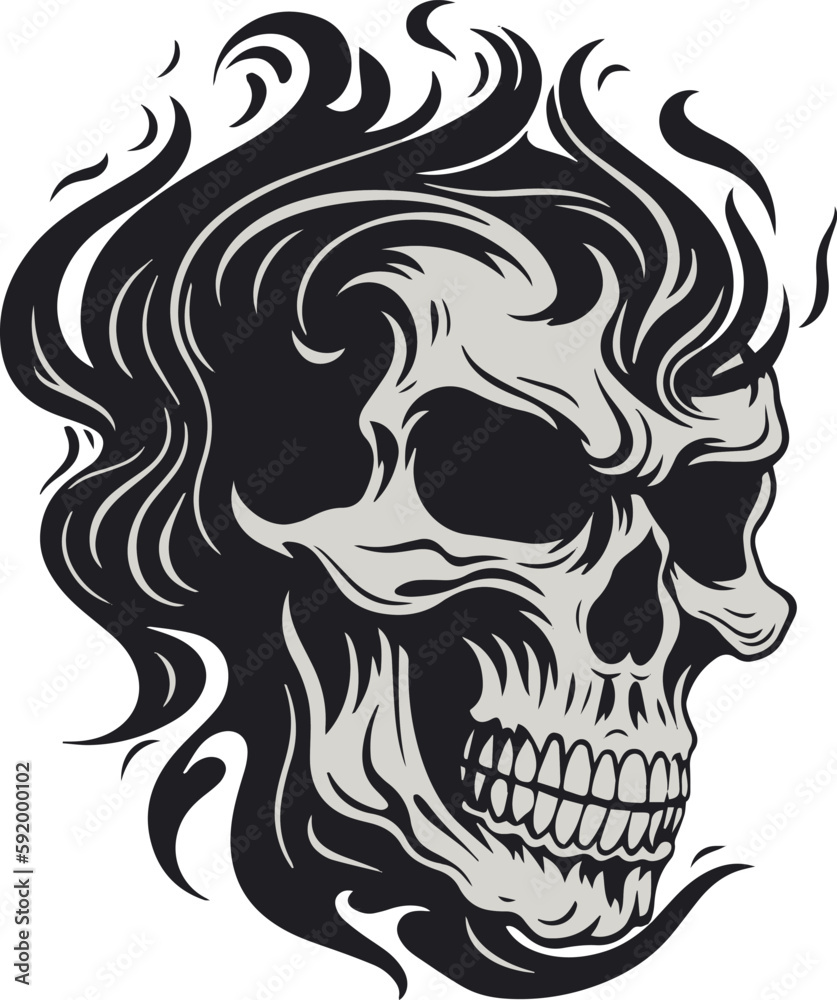 Skull with flames, burning skull, fire skull, black vector on a white background, SVG Skull with flames, burning skull, fire skull, black vector on a white background, SVG