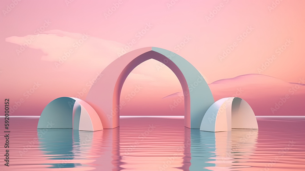 Fototapeta premium Surreal 3D oval portal reflected in water in a futuristic twilight pink fantasy landscape. Generative AI