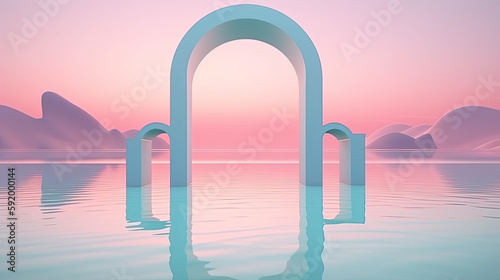 Surreal 3D oval portal reflected in water in a futuristic twilight pink fantasy landscape. Generative AI © Farnaces