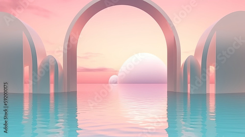 Surreal 3D oval portal reflected in water in a futuristic twilight pink fantasy landscape. Generative AI