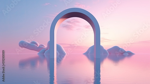 Surreal 3D oval portal reflected in water in a futuristic twilight pink fantasy landscape. Generative AI