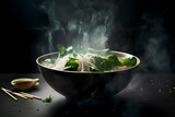 A bowl of noodles with steam rising from the top.
