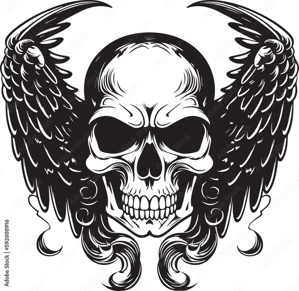 Obraz premium Skull with wings black vector illustration on a white background, SVG
