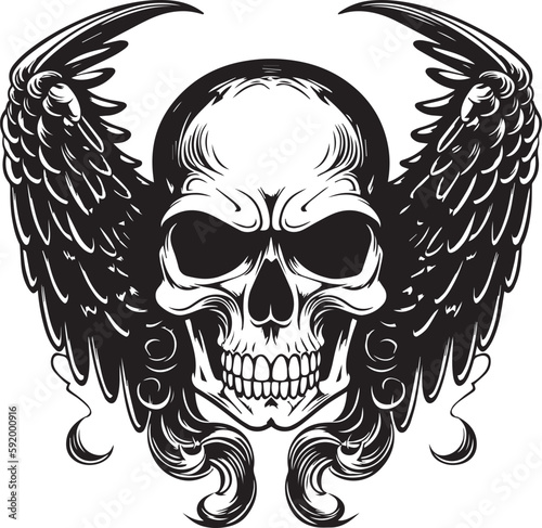 Skull with wings black vector illustration on a white background, SVG