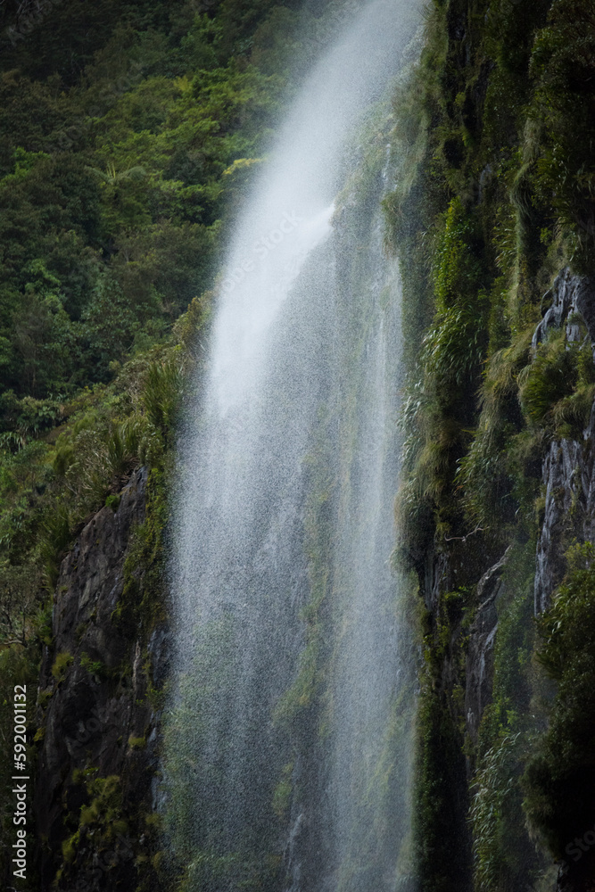 Close-up of a waterfall and mist over a mossy cliff on Milford Sound, South Island, New Zealand; New Zealand.