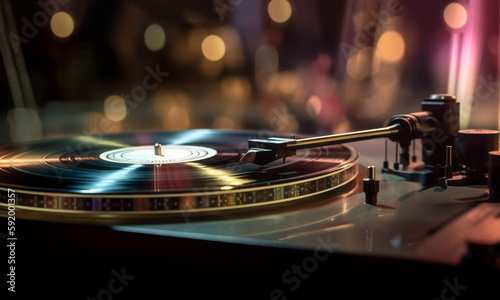 Vinyl record player, bright lights disco-bokeh. Needle on vinyl record.Vintage record player while recording, the record spins and music plays. Gramophone close-up